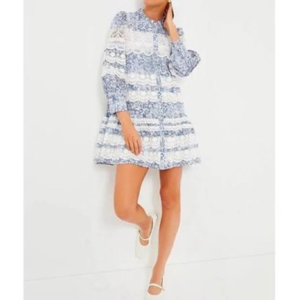 Chic Long Sleeve Lace Dress in Blue and White